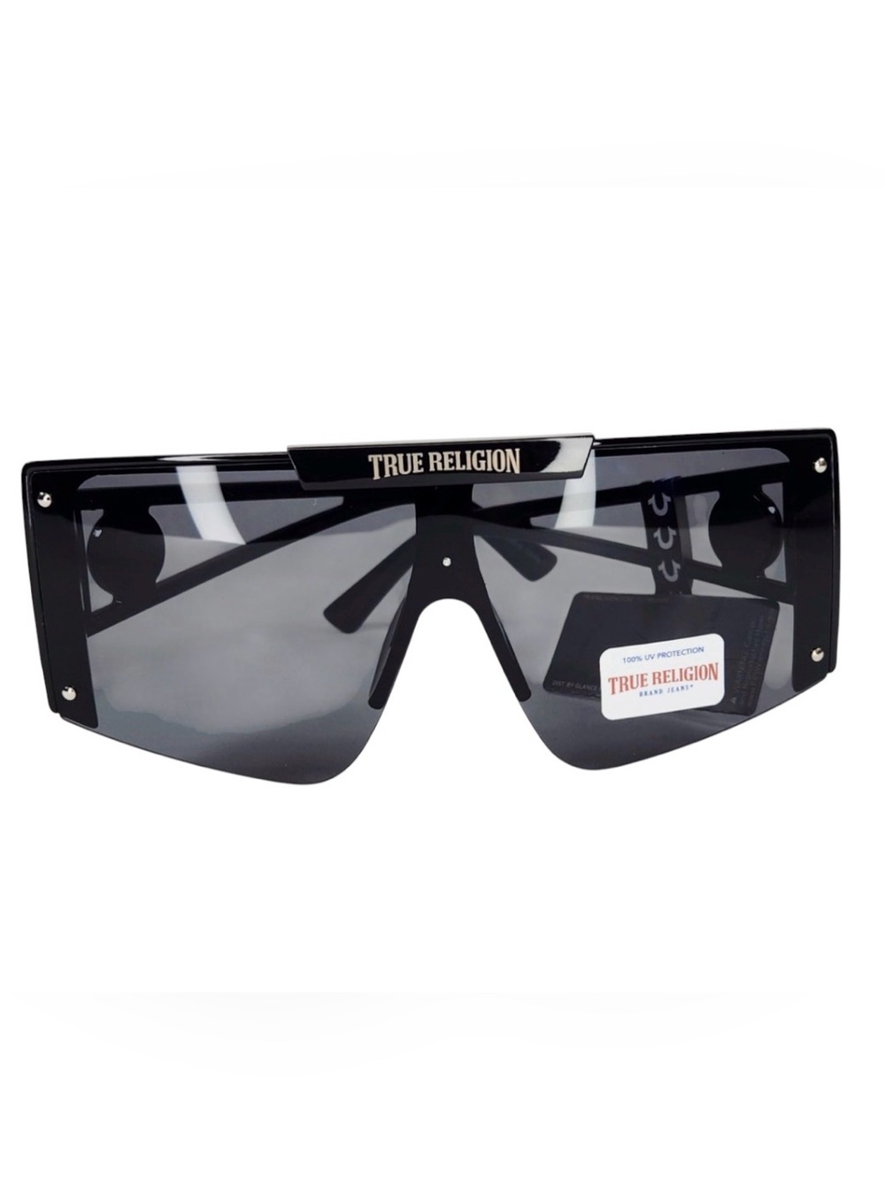 True Religion Shield Sunglasses in Black with Dark Gray Lenses